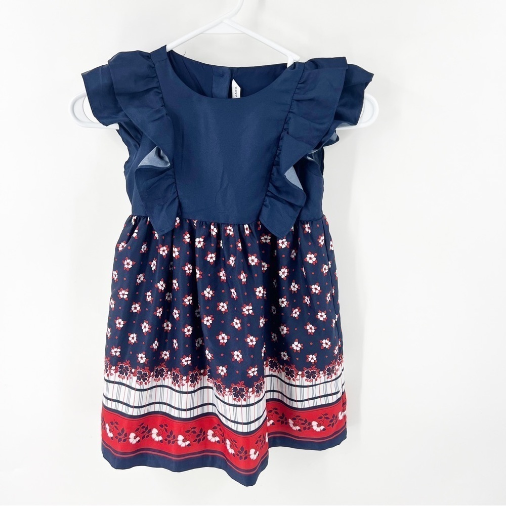✅ JANIE AND JACK FLORAL FLUTTER SLEEVE DRESS‎ SIZE 5 NAVY/RED/WHITE